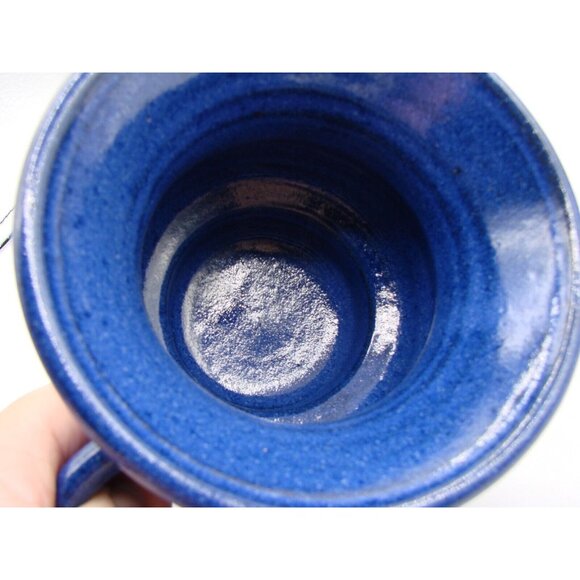 Two Vintage Stoneware Mugs Cups Blue Brown Wide Mouth Reverse Handle Artist Sign - Picture 8 of 14